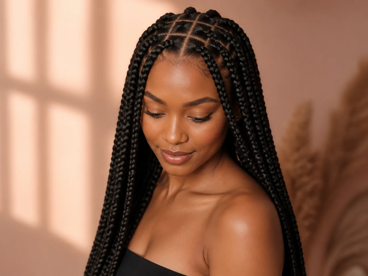 A finished set of large knotless braids after rinsing
