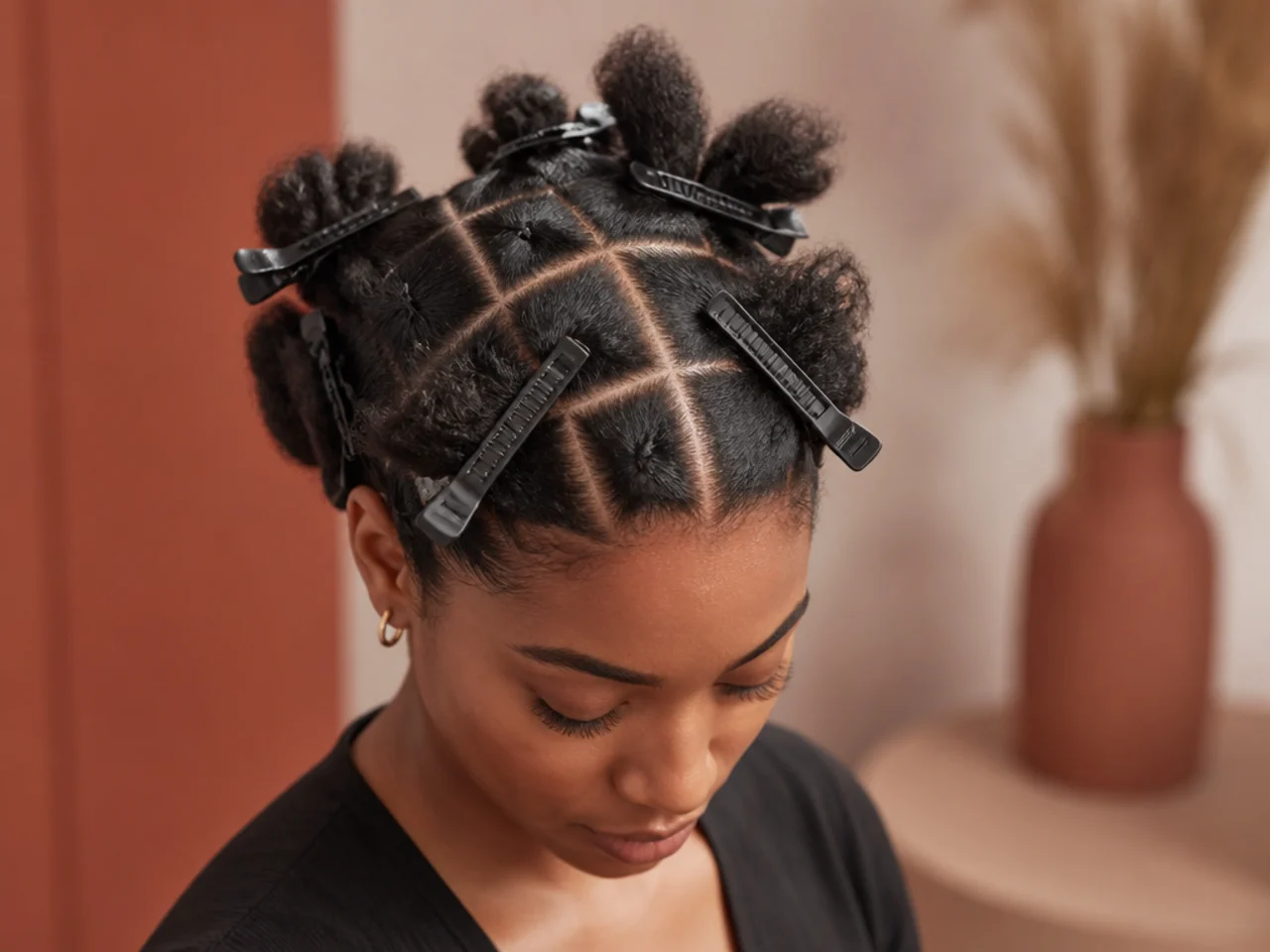 A fully clipped head of sections ready to braid