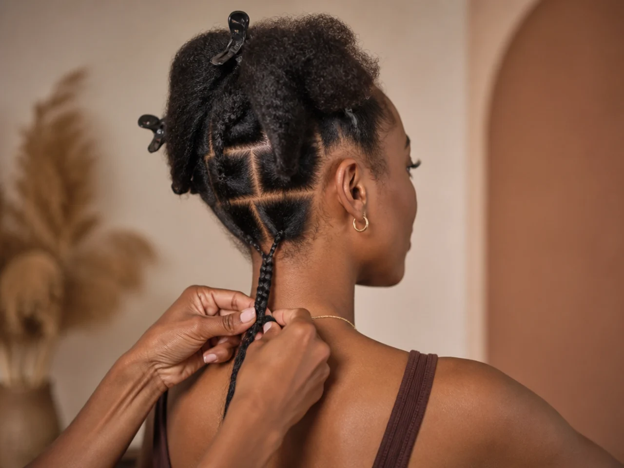 The first braid being started at the nape