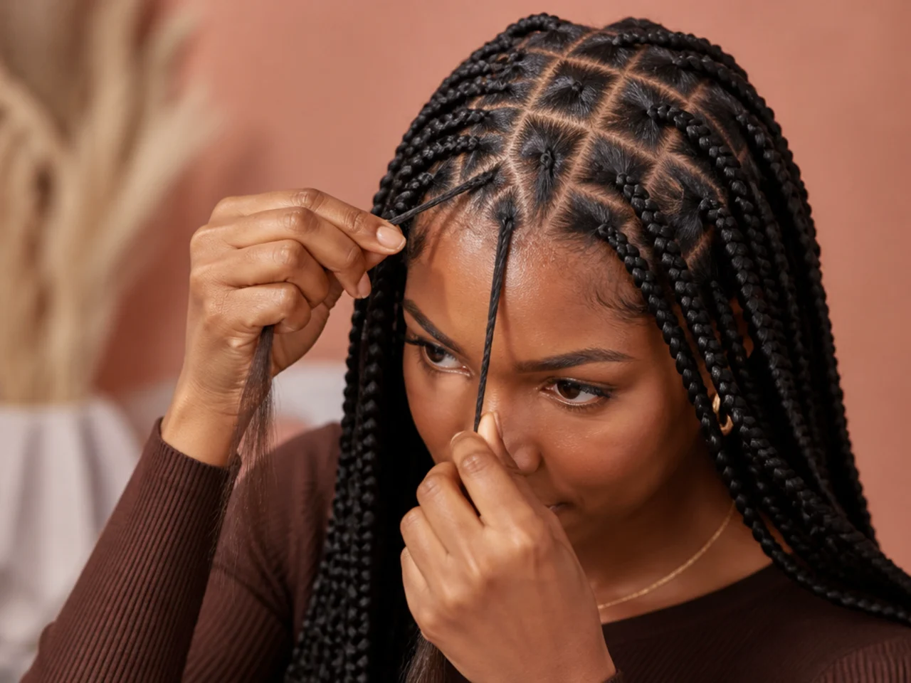 A thin piece of extension being fed into the braid