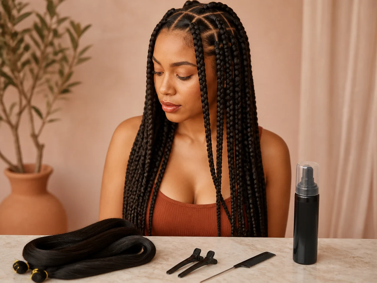 Braiding hair, clips, a rat-tail comb and mousse laid out