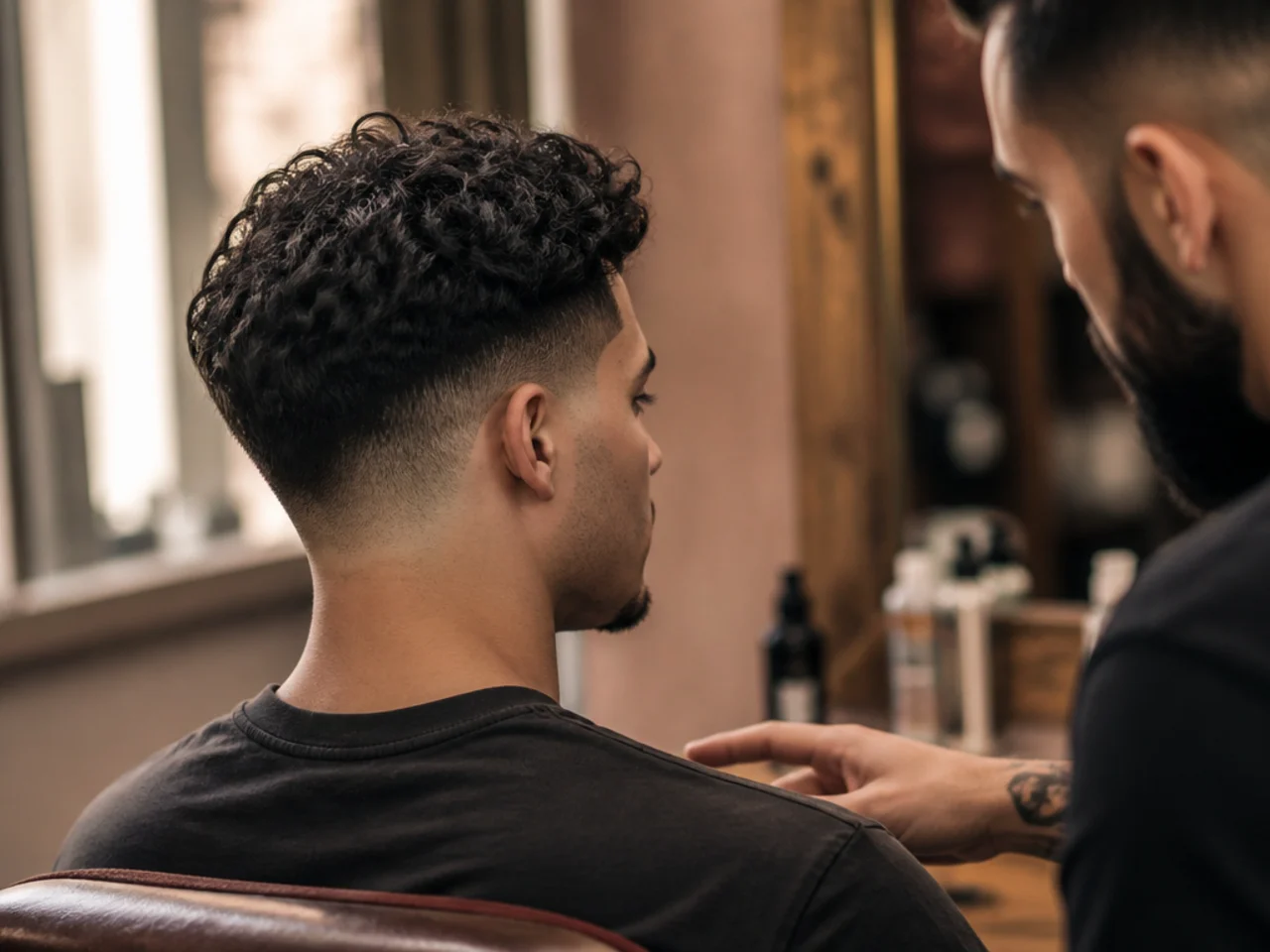 Discussing a low fade at a barbershop consultation