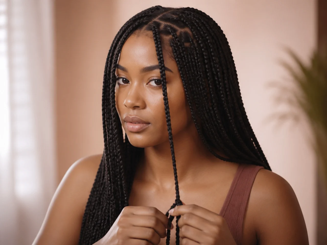 First stitches of a braid using natural hair only