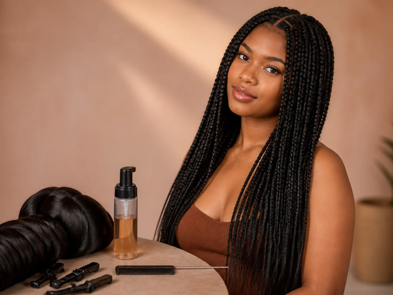 Braiding hair, clips, a marked comb and mousse laid out