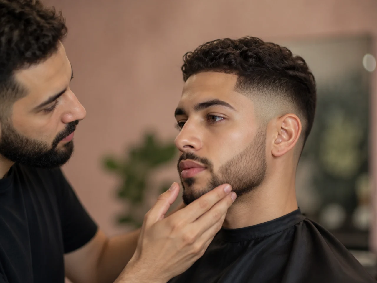 A barber planning a fade and beard connection