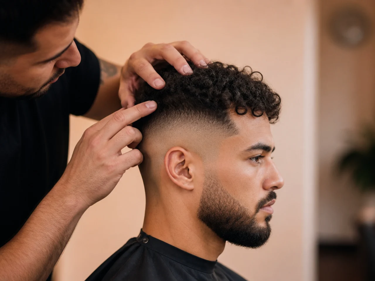 A barber checking the scalp before fading