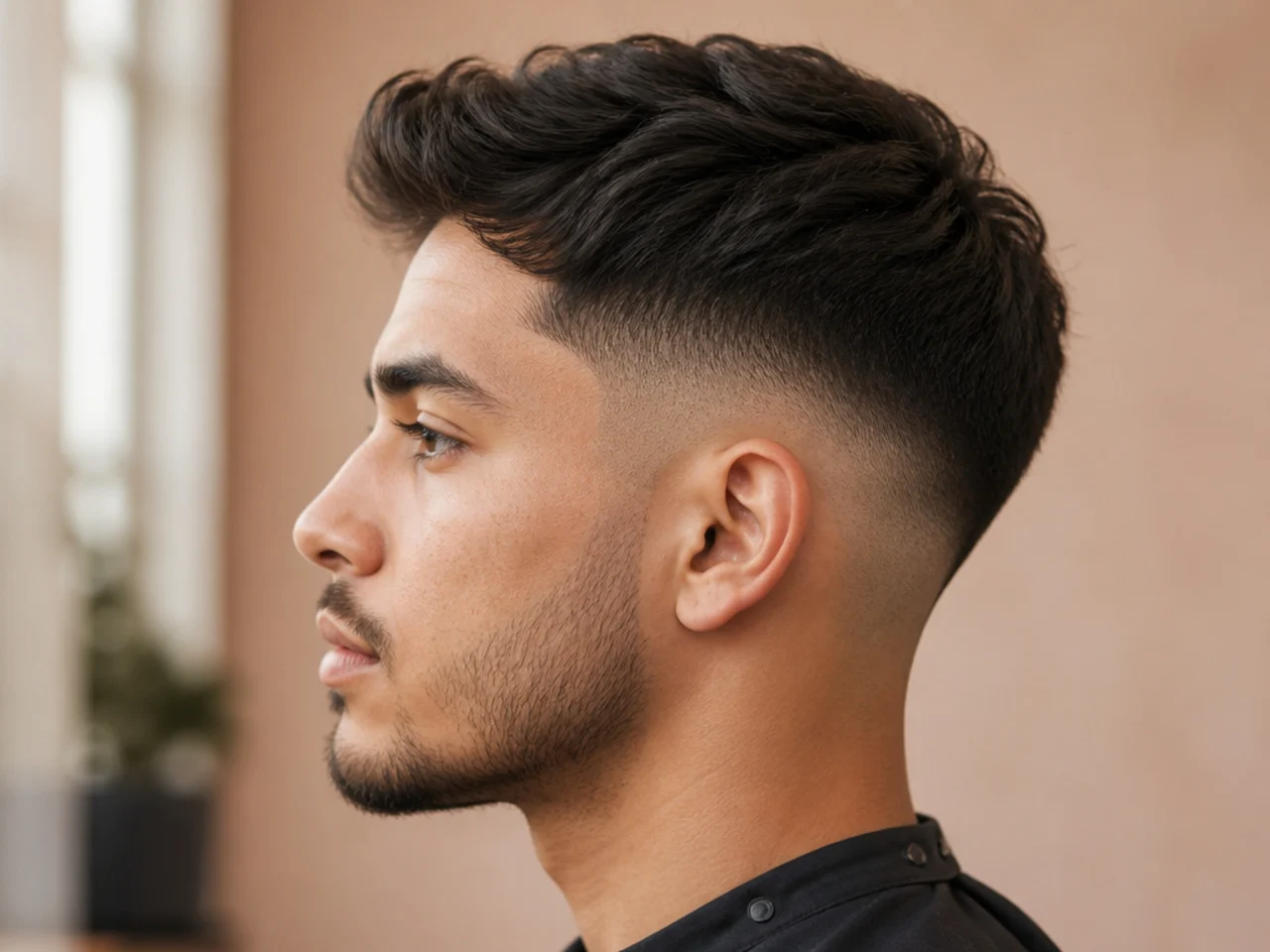 A side-profile reference photo of a mid fade