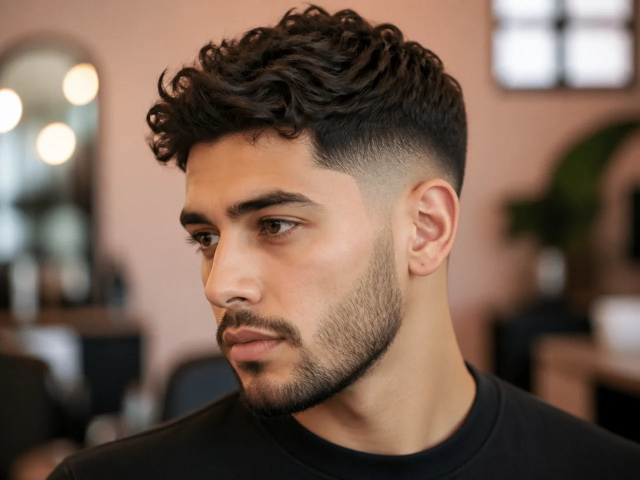 Three-quarter view of a finished mid fade