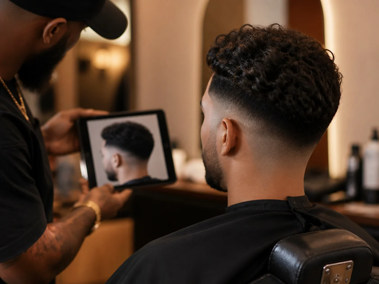A reference photo being shown at a barbershop consultation