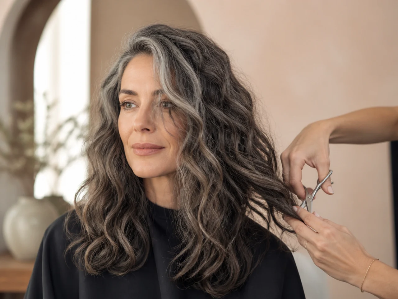 Wavy hair being cut dry