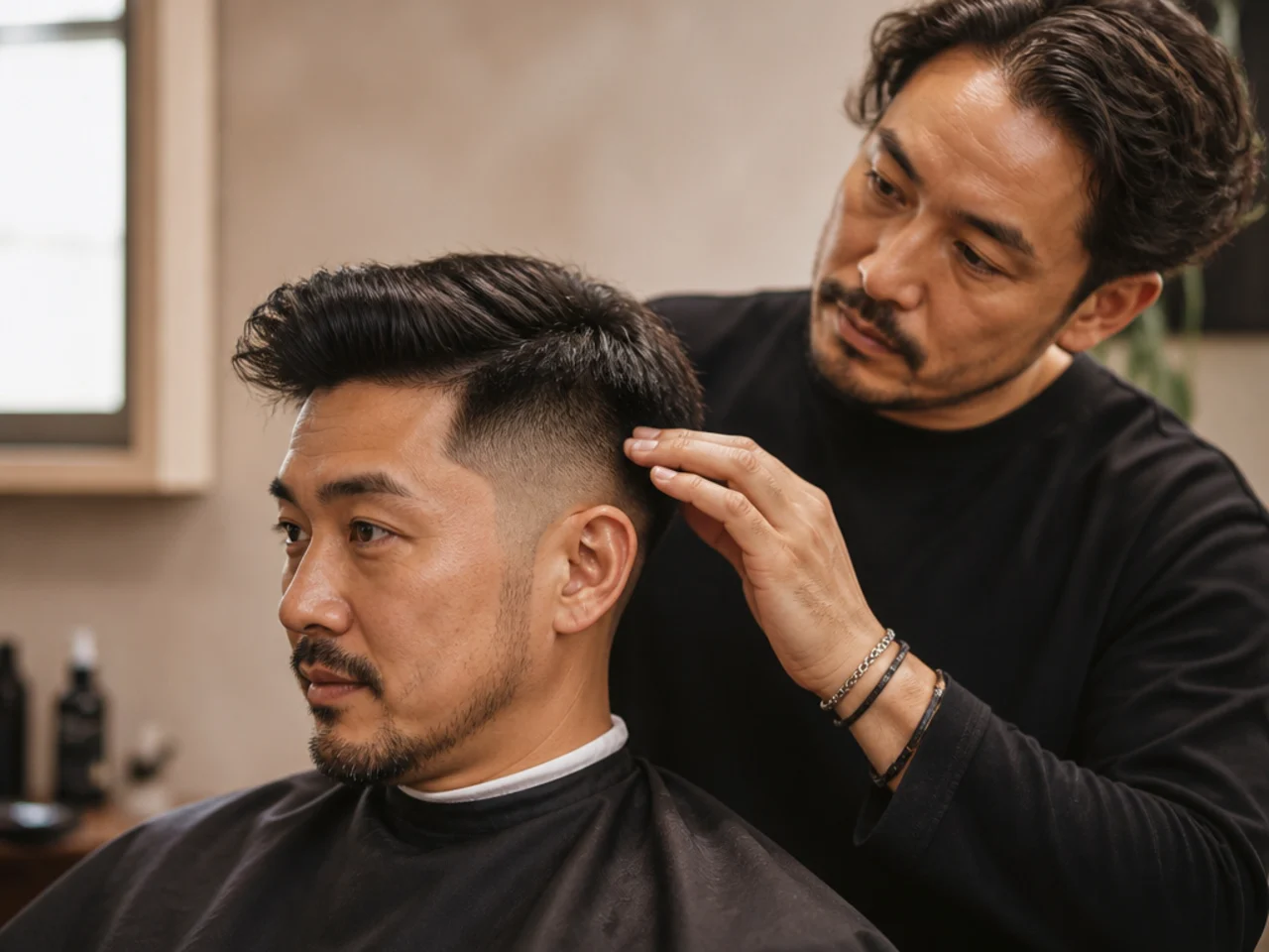 A barber advising on growth patterns from behind