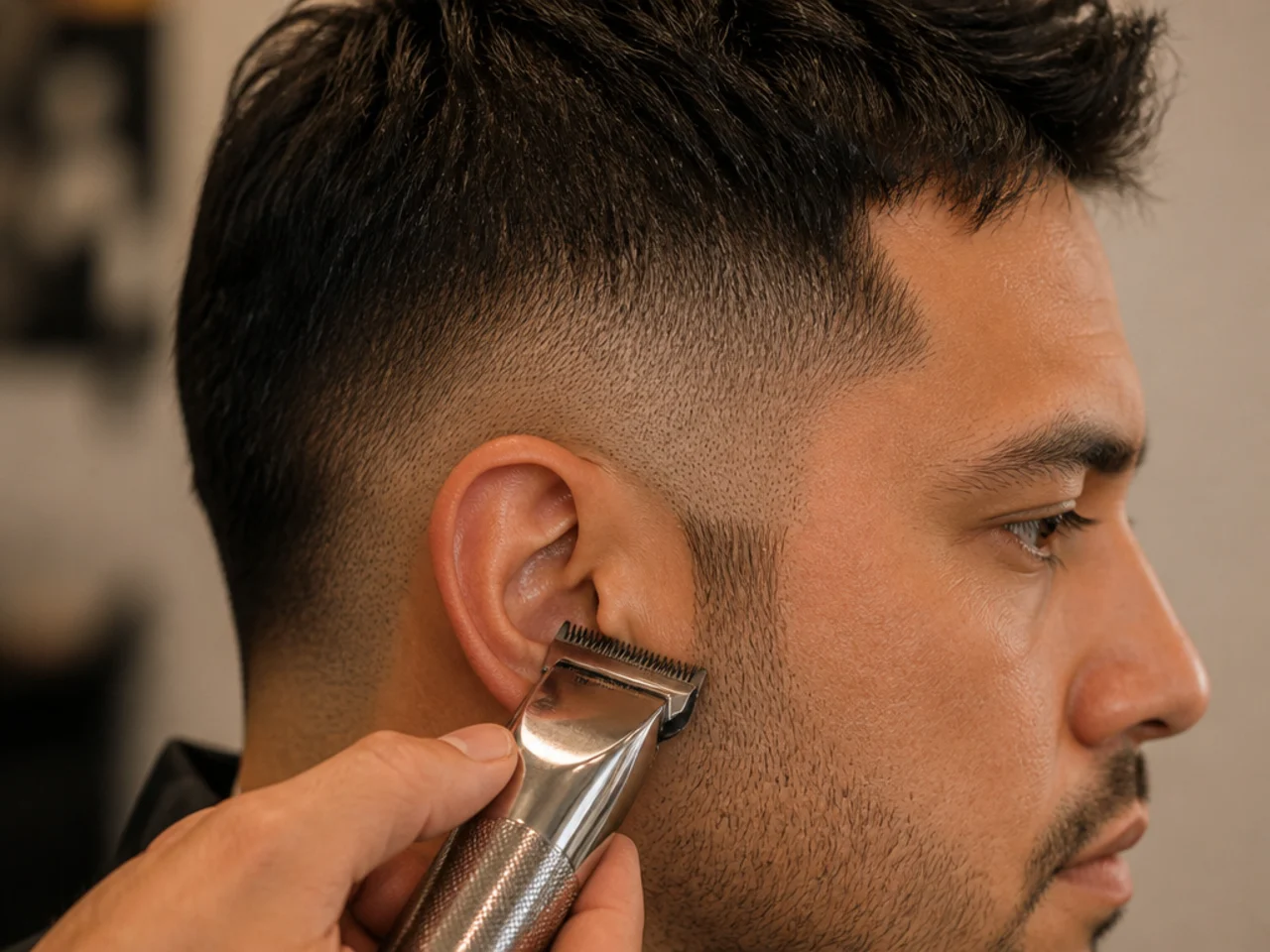 A sideburn being trimmed level with the tragus
