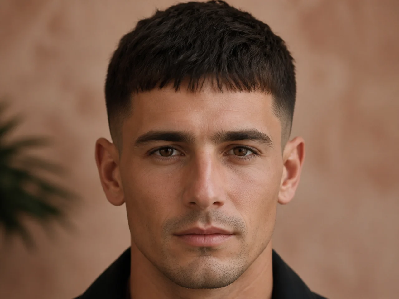 A short fringe sitting just above the eyebrow