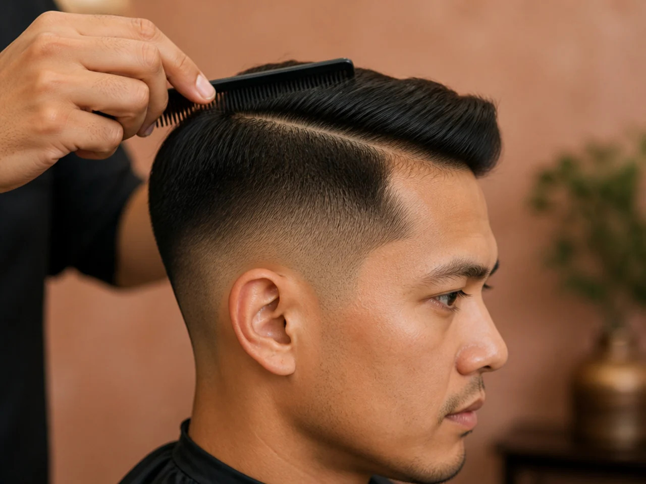 A comb setting a part in a short haircut