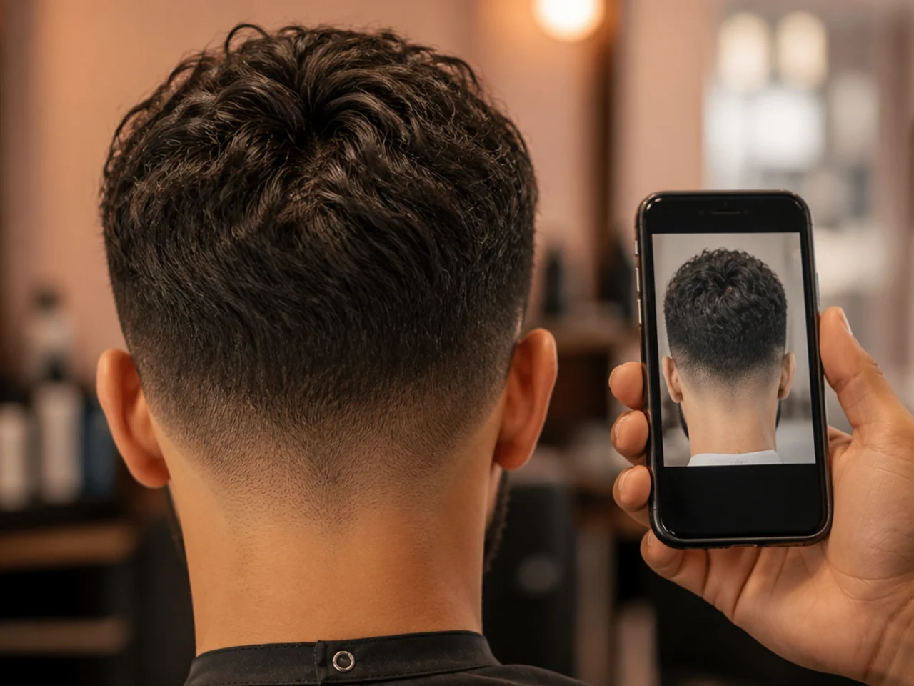 A phone showing a rear-view reference photo of a short haircut