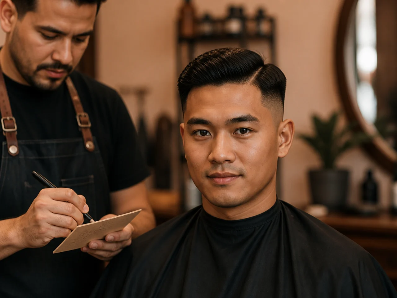 A barber writing an appointment date on a card