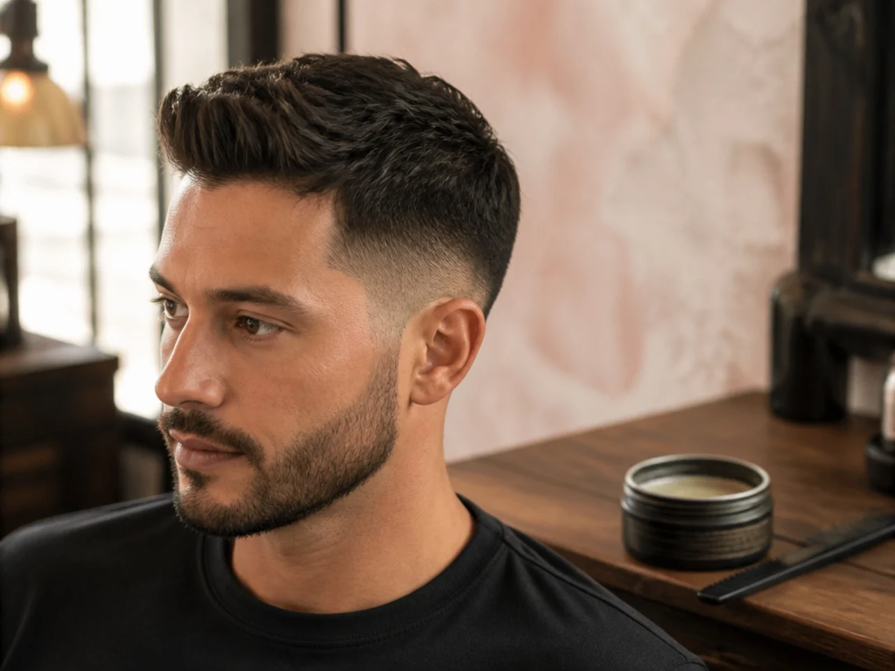 A tub of matte clay beside a comb on a barber station