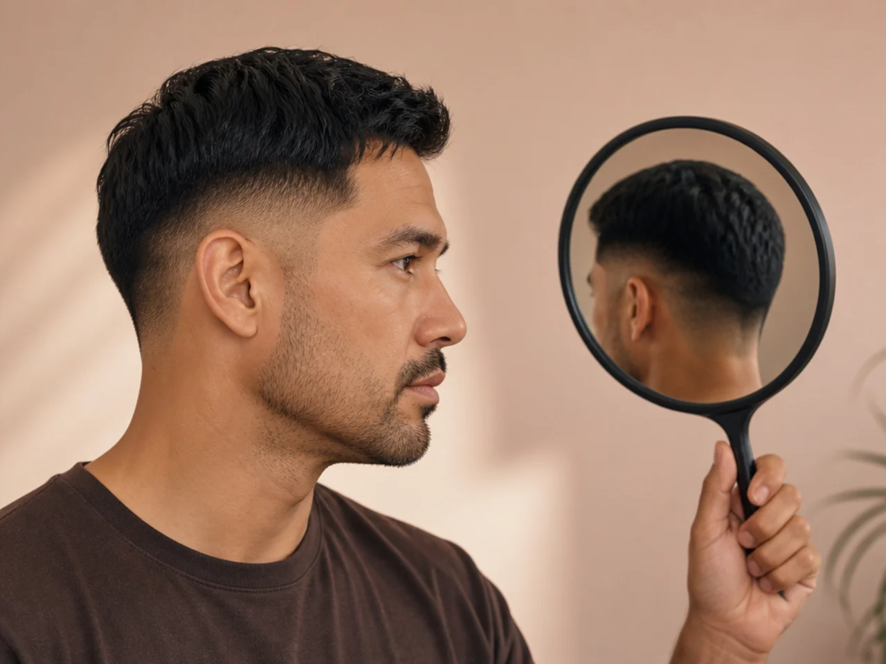 A hand mirror held up to show the back of a fresh short haircut