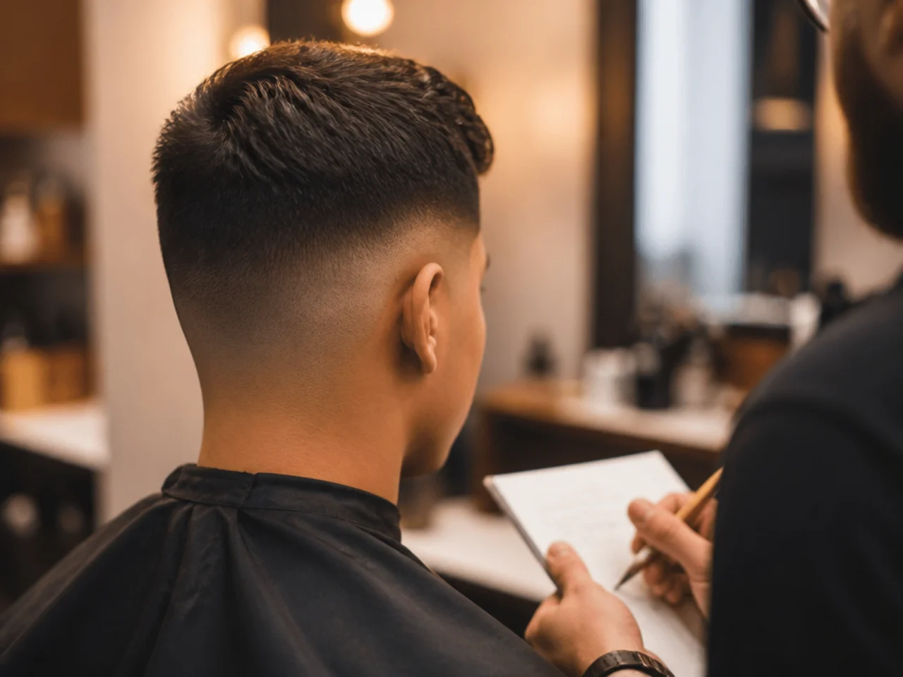 Haircut details written on a client card at a barbershop