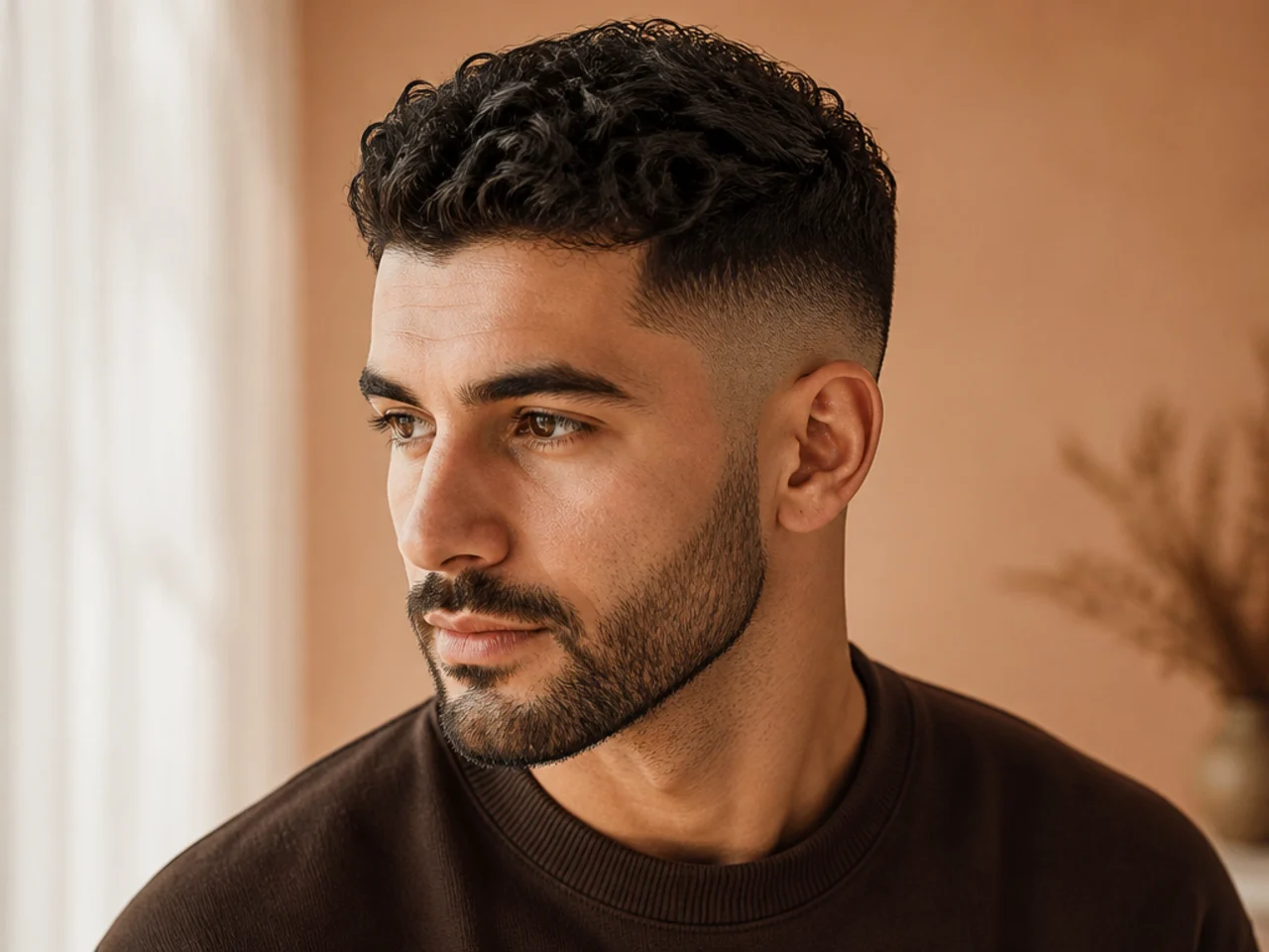 Three-quarter view of a finished short haircut with a taper