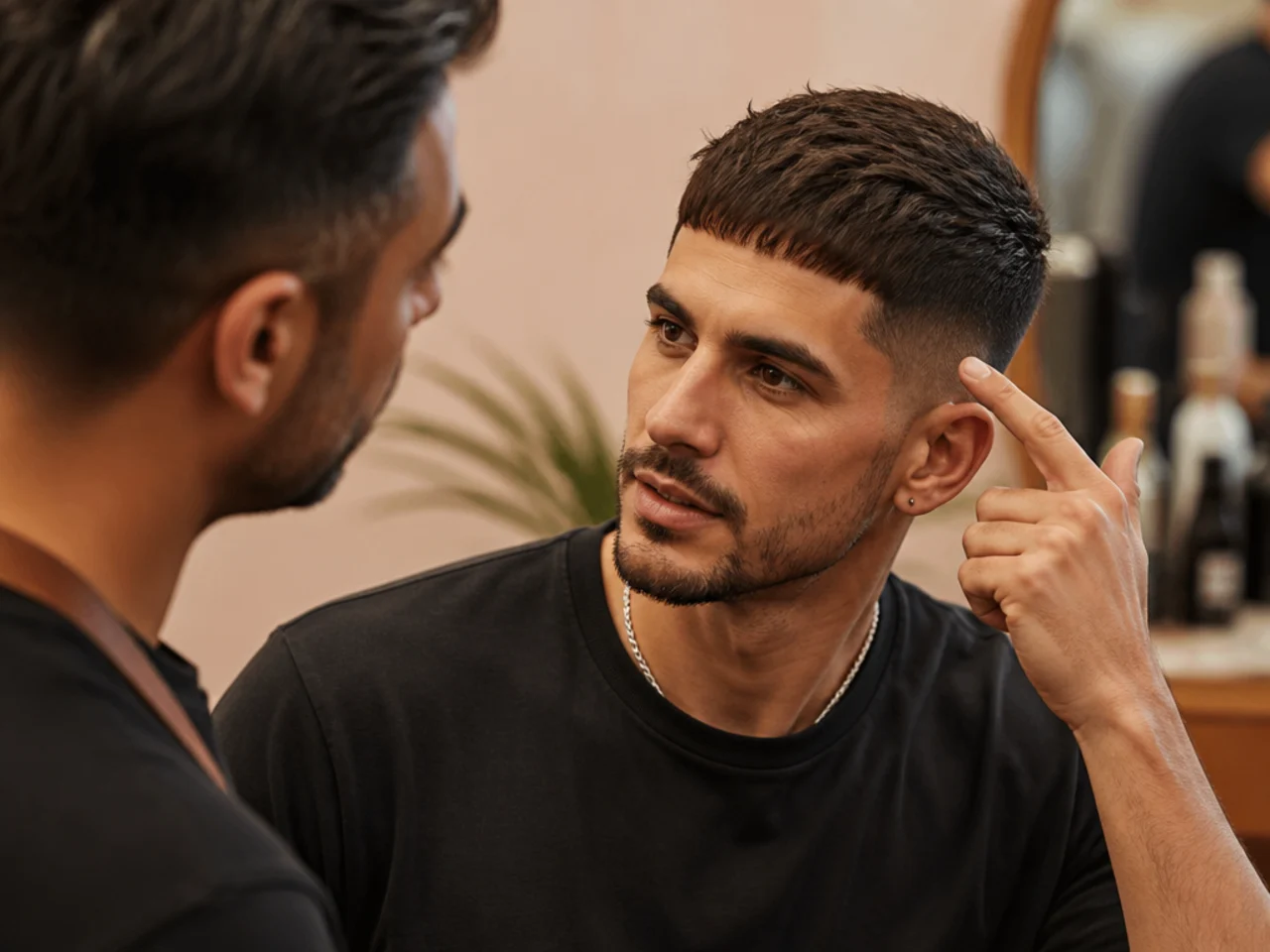 A client explaining a haircut to a barber before the cut