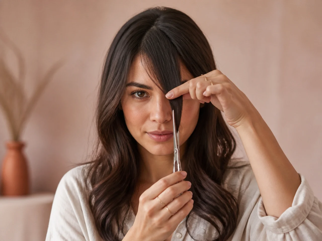 Scissors held vertically to point-cut a fringe
