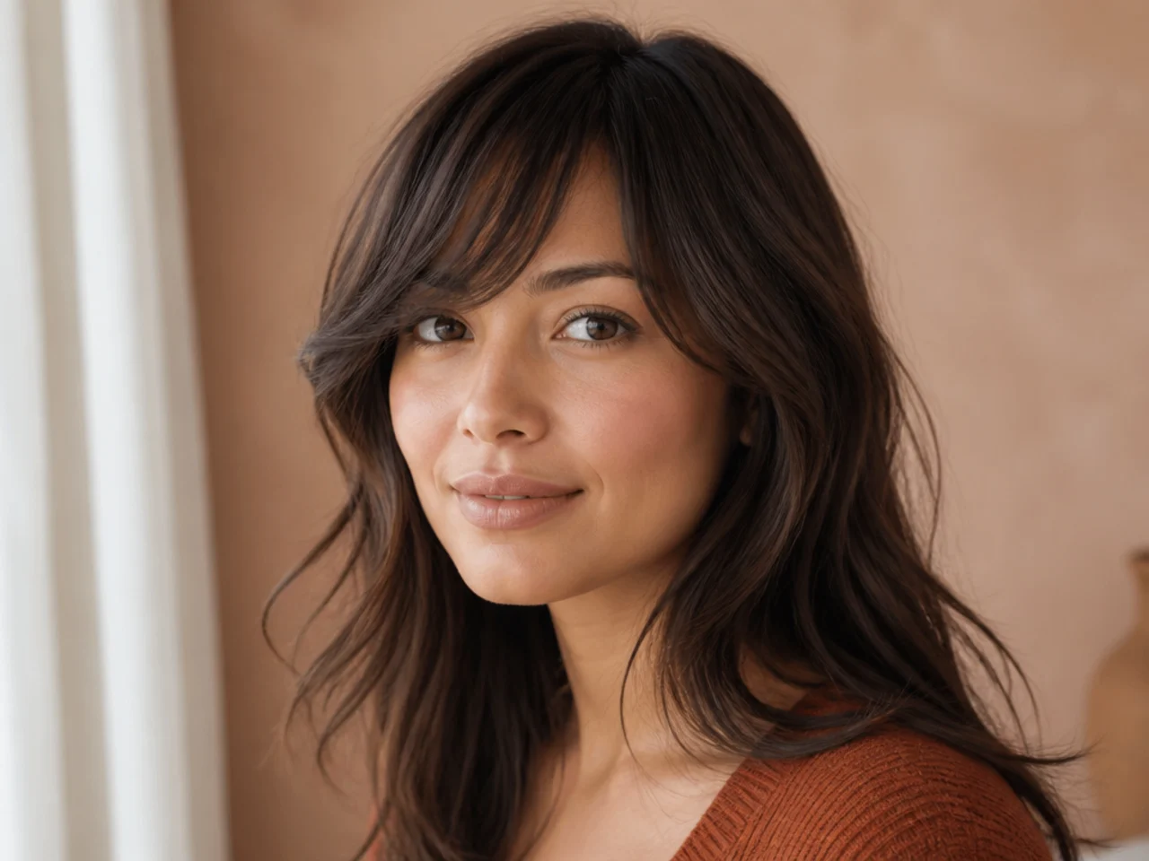 Three-quarter view of a finished home-cut fringe