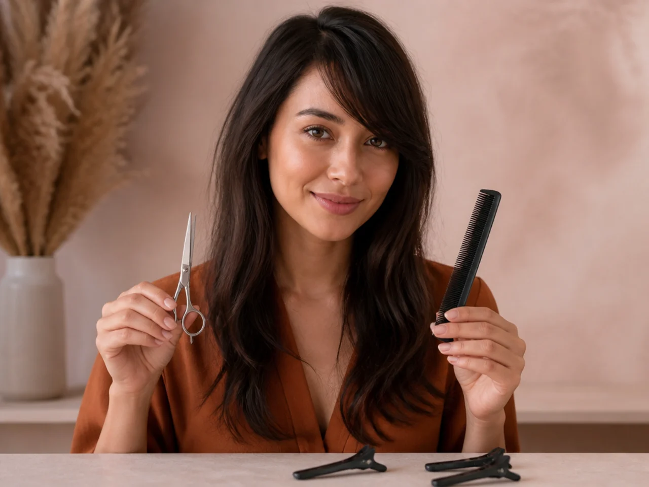 Hair scissors, a comb and clips laid out