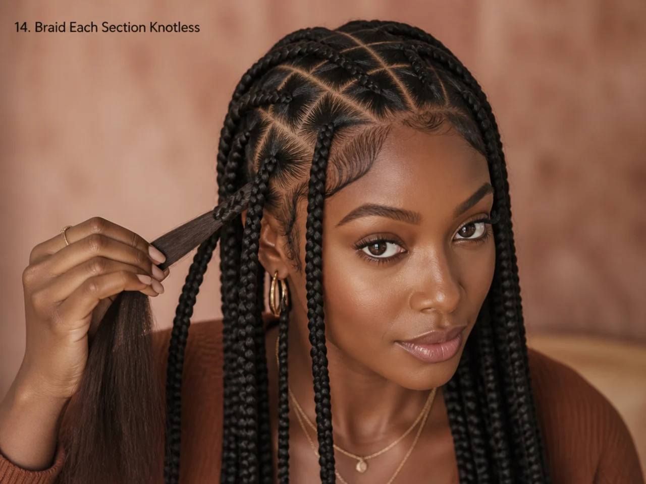 A knotless braid started with natural hair before extension is fed in