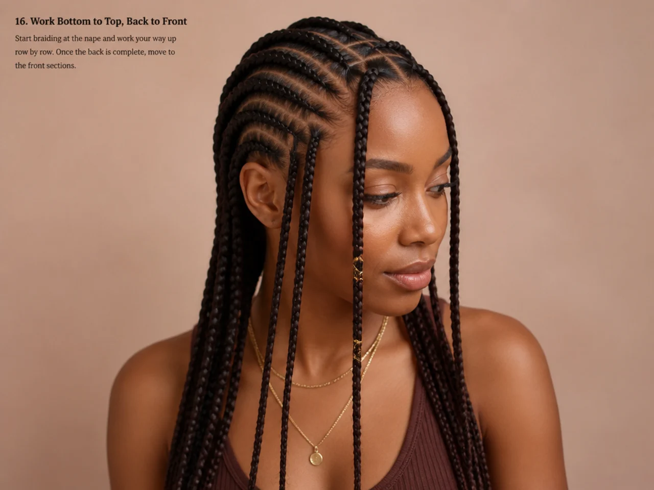 Braiding progressing from the nape upward with finished braids hanging clear