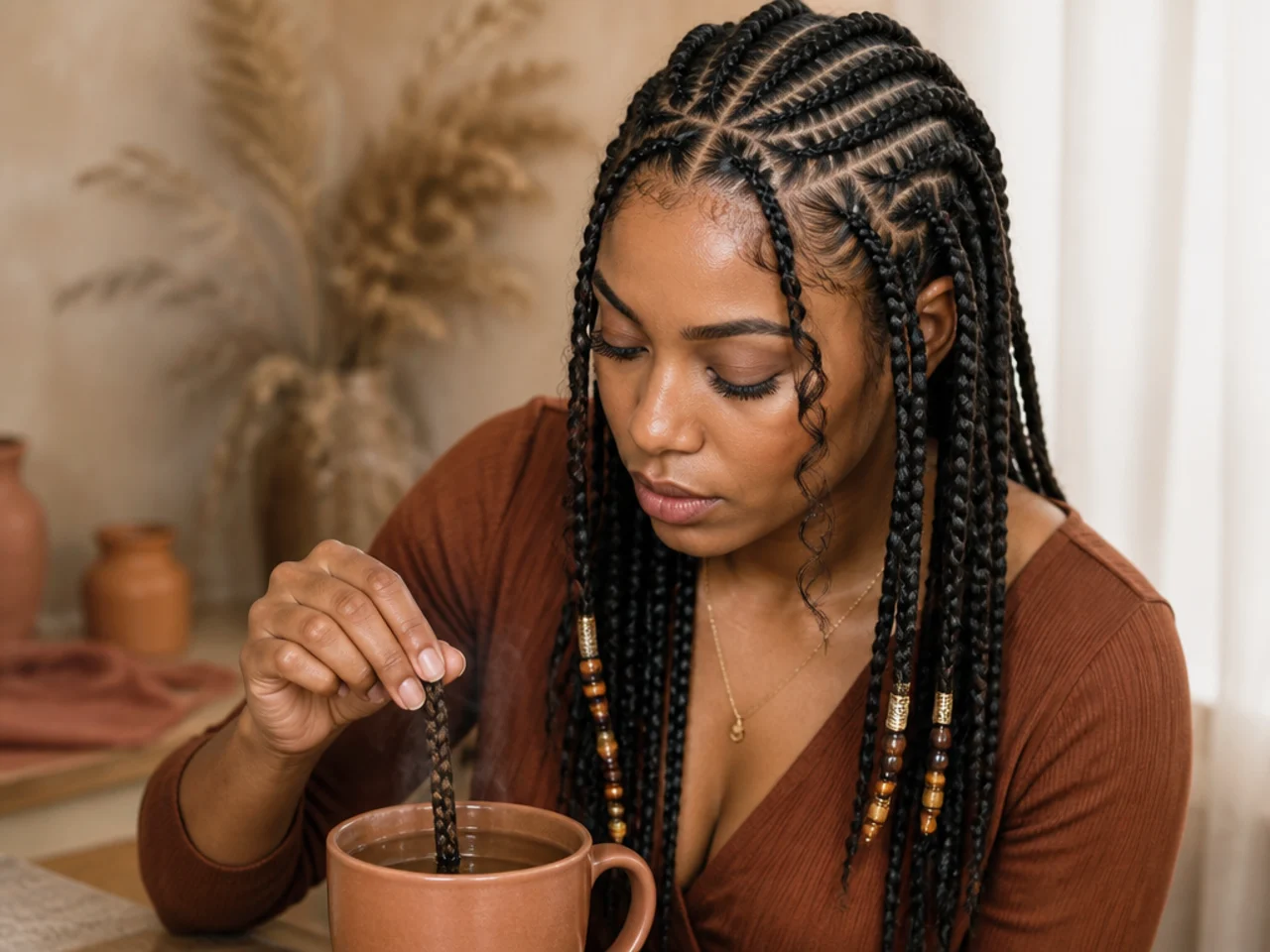 Braid ends being dipped into a mug of hot water to seal them