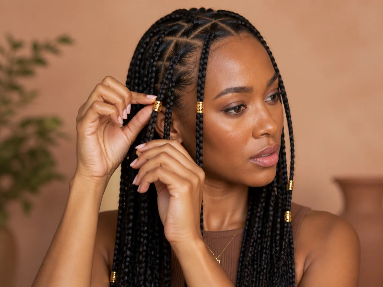Gold cuffs being slid onto the front braids and lightly crimped
