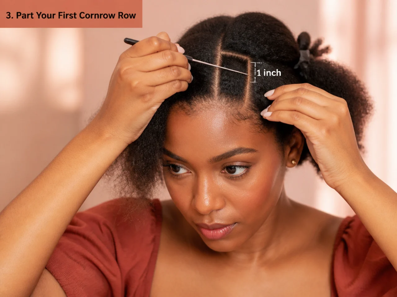 A one-inch cornrow section parted parallel to the centre line