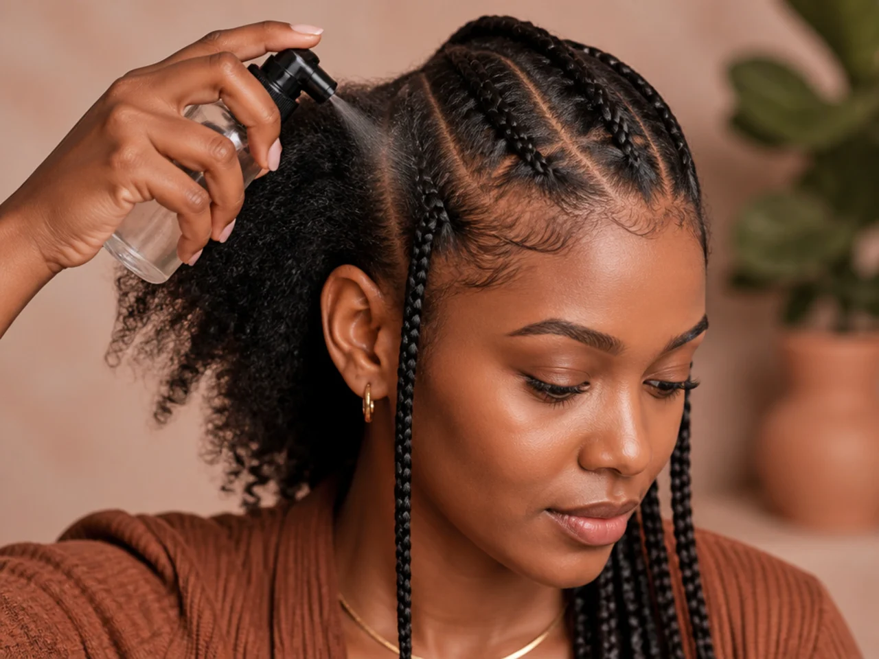 Spray bottle misting a parted section before braiding