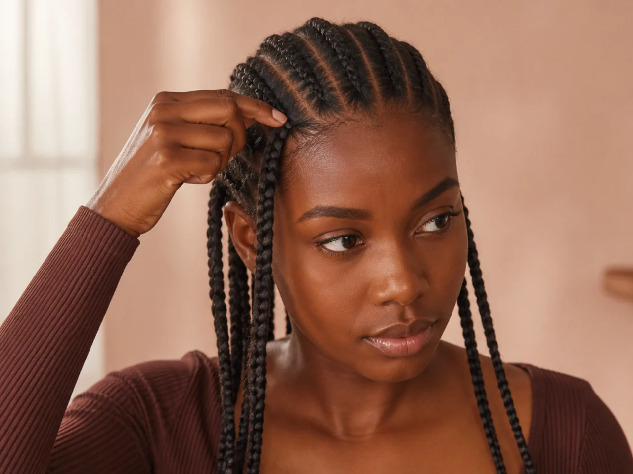 A fingertip slipped under a cornrow at the root to check tension