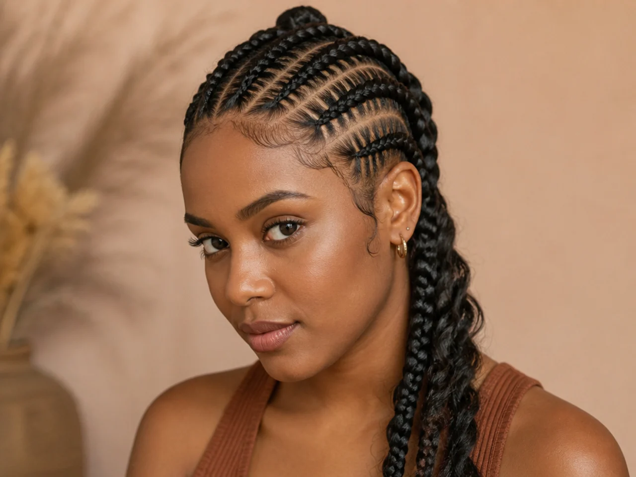 A cornrow ending at the crown and continuing as a loose braid