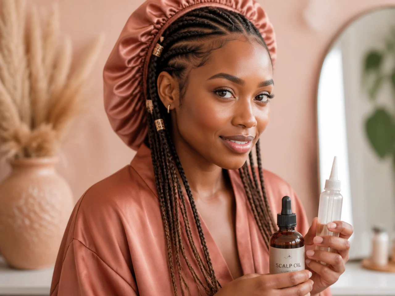 Satin bonnet, scalp oil and applicator bottle for braid aftercare