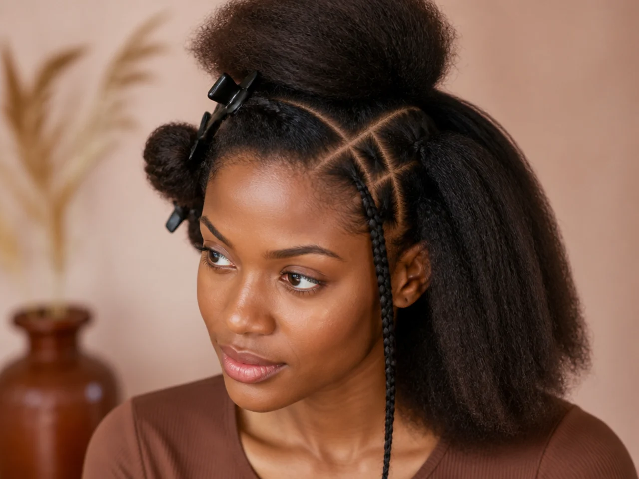 Stretched, blow-dried natural hair sectioned and clipped ready for braiding