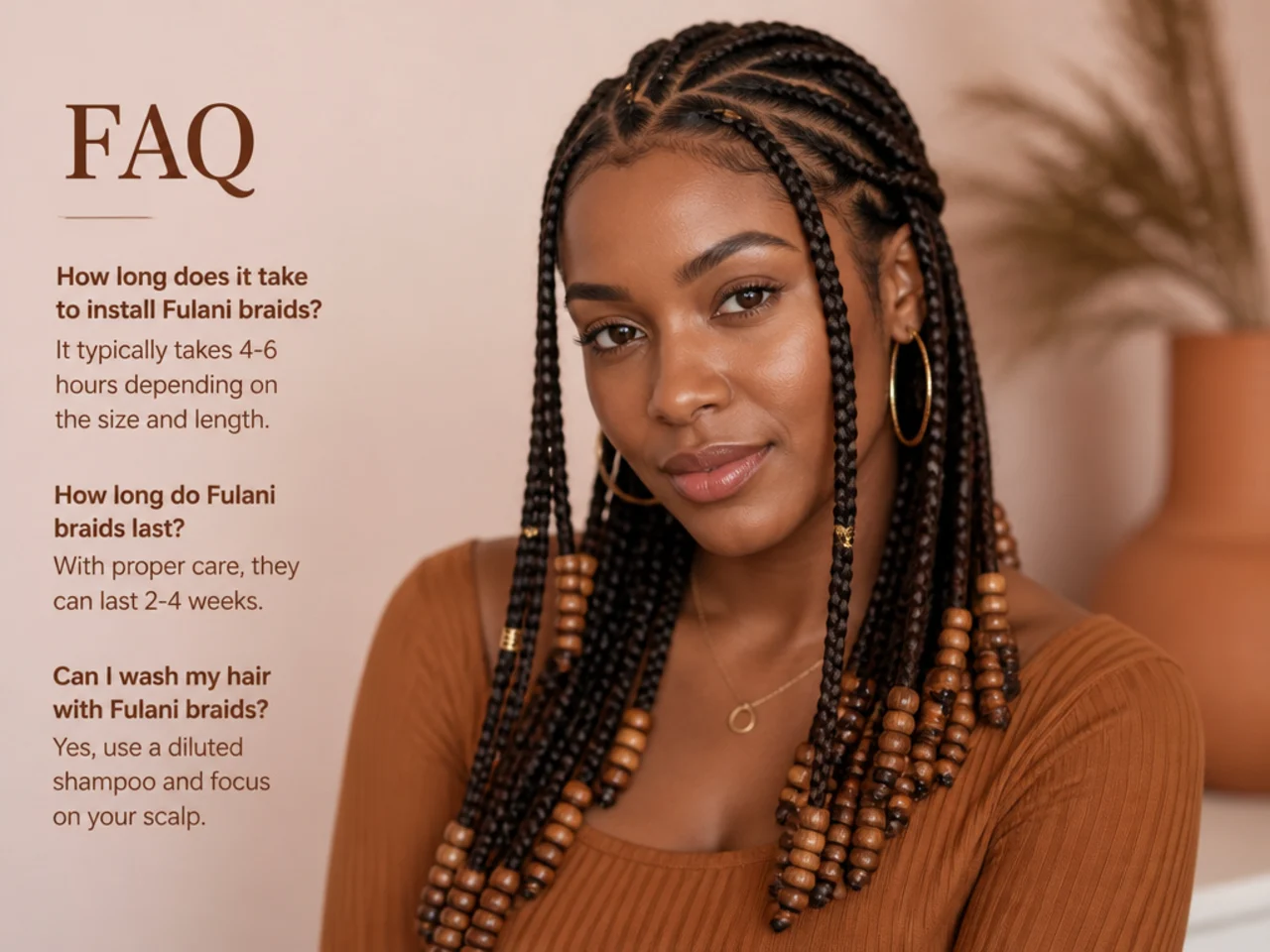 Finished home-installed Fulani braids photographed from the front