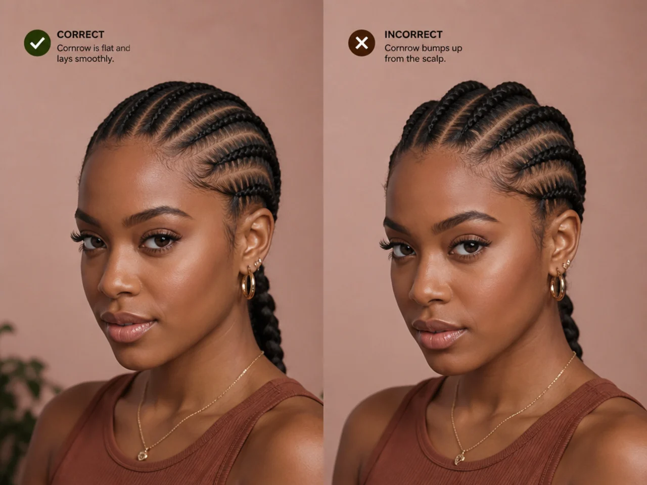 Close-up comparing a flat correctly braided cornrow against one that bumps up