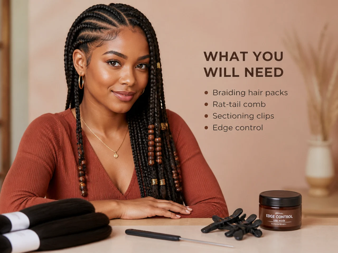 Braiding hair packs, rat-tail comb, sectioning clips and edge control arranged on a table