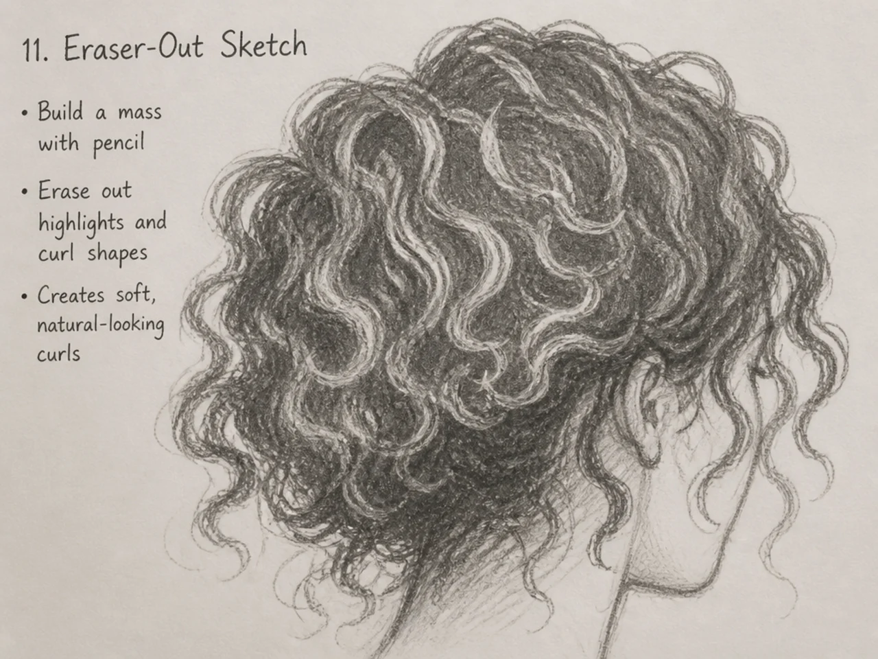 Curls lifted out of a graphite mass with an eraser