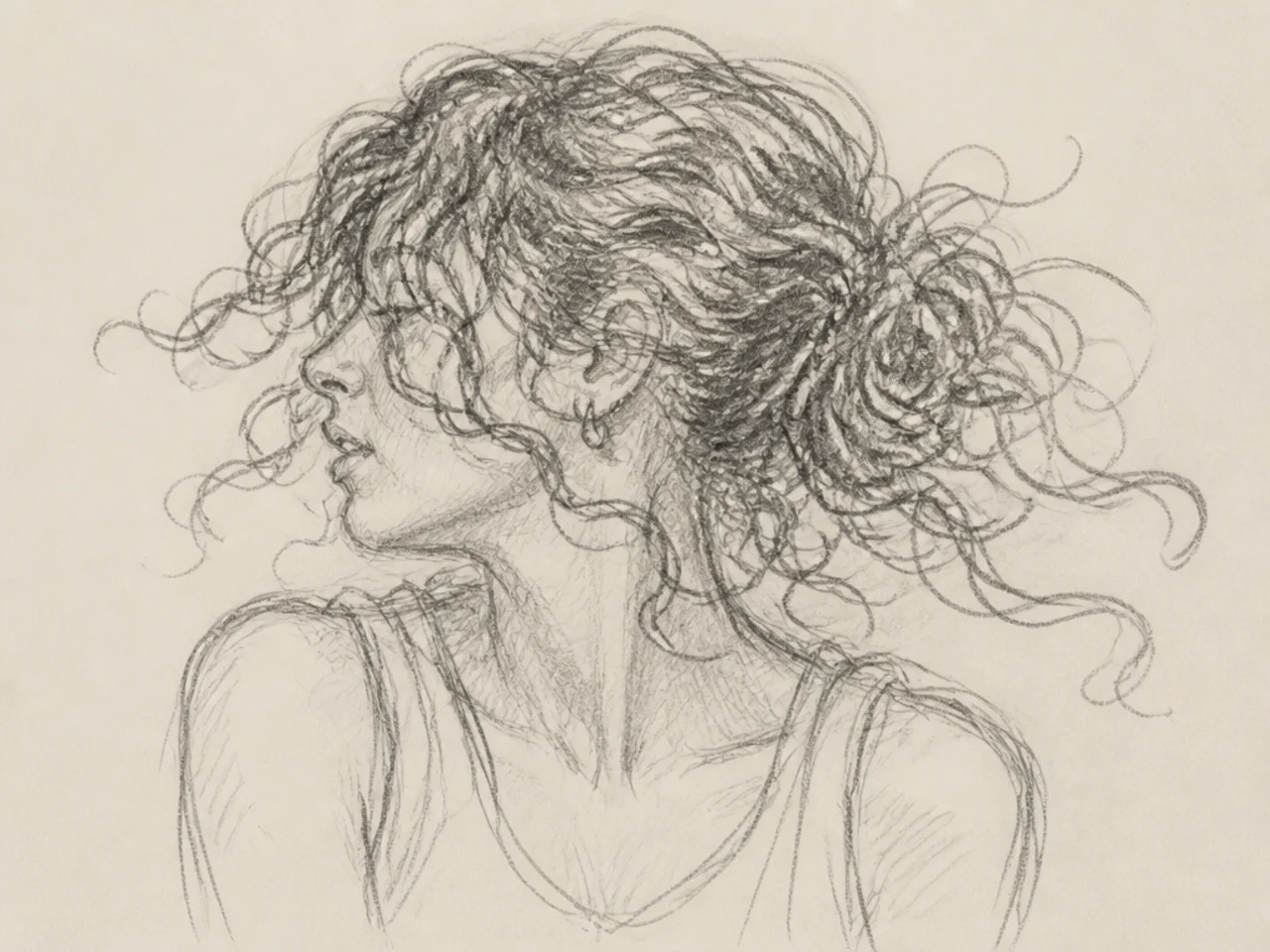 A quick life sketch of moving curly hair