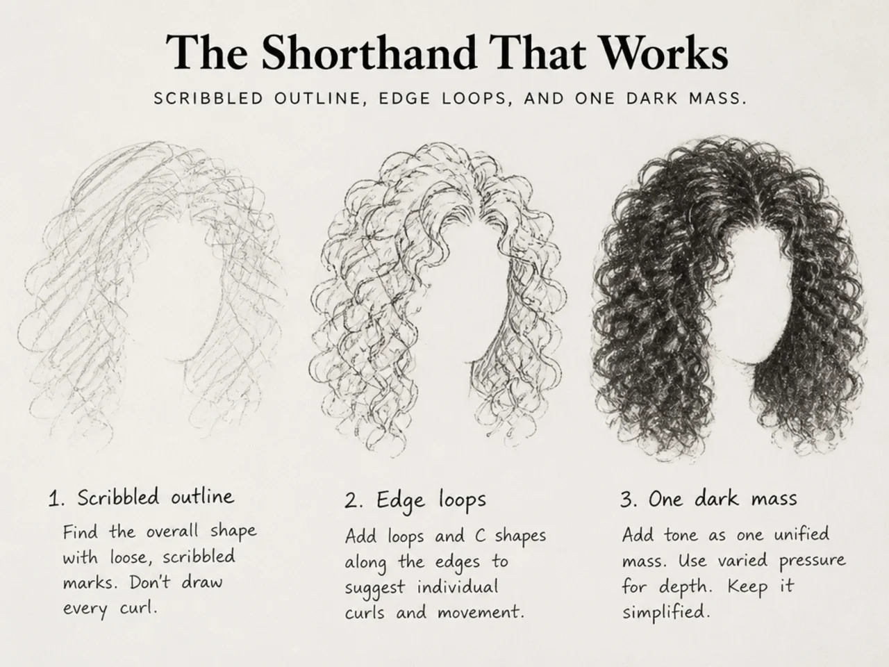 Scribbled outline, edge loops and one dark mass