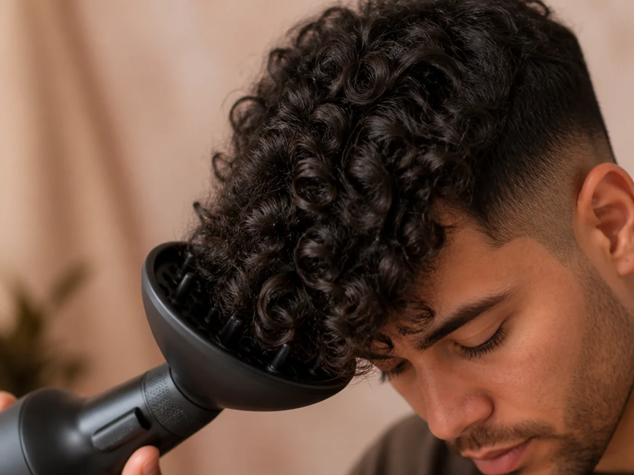 A diffuser cupping the ends of curly hair