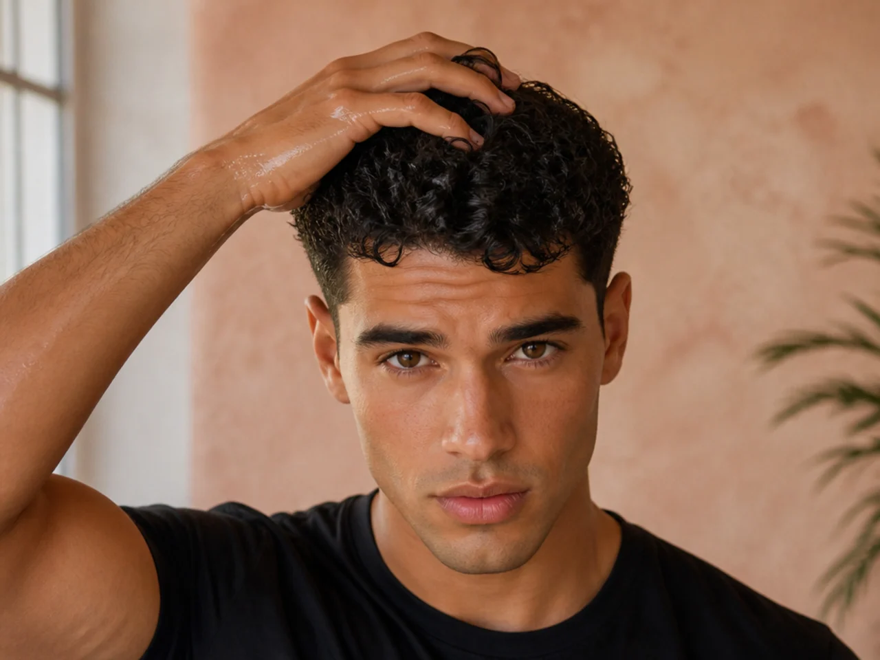 A man refreshing his curls with a wet hand