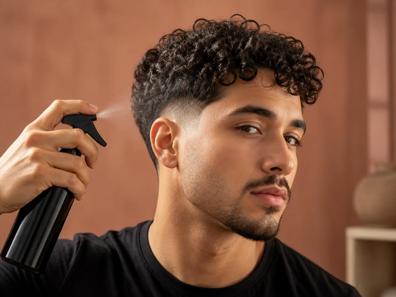 One side of a man's curls being sprayed with water