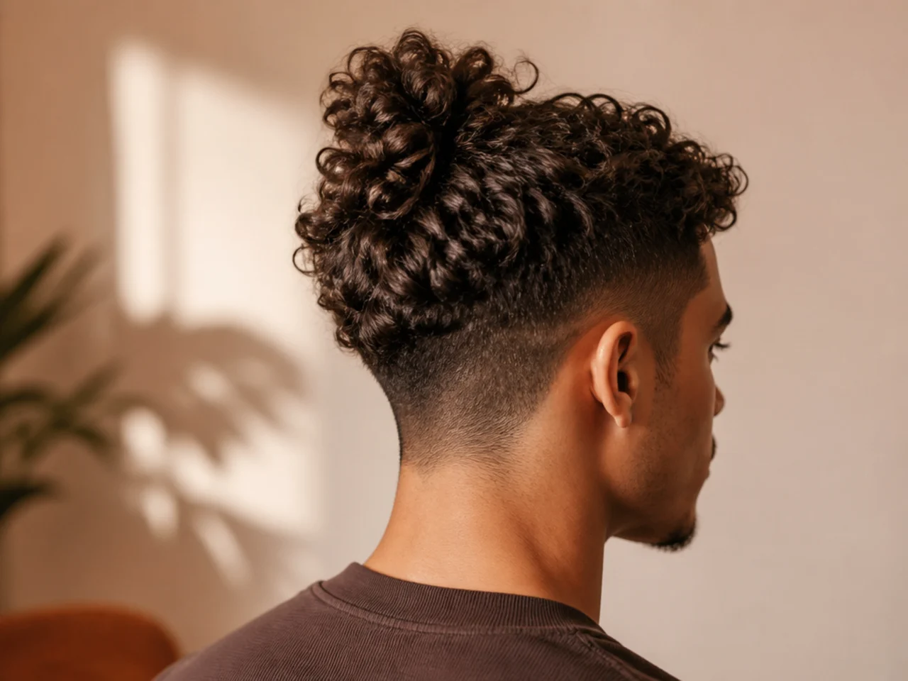 A man with curls loosely gathered at the crown for sleep