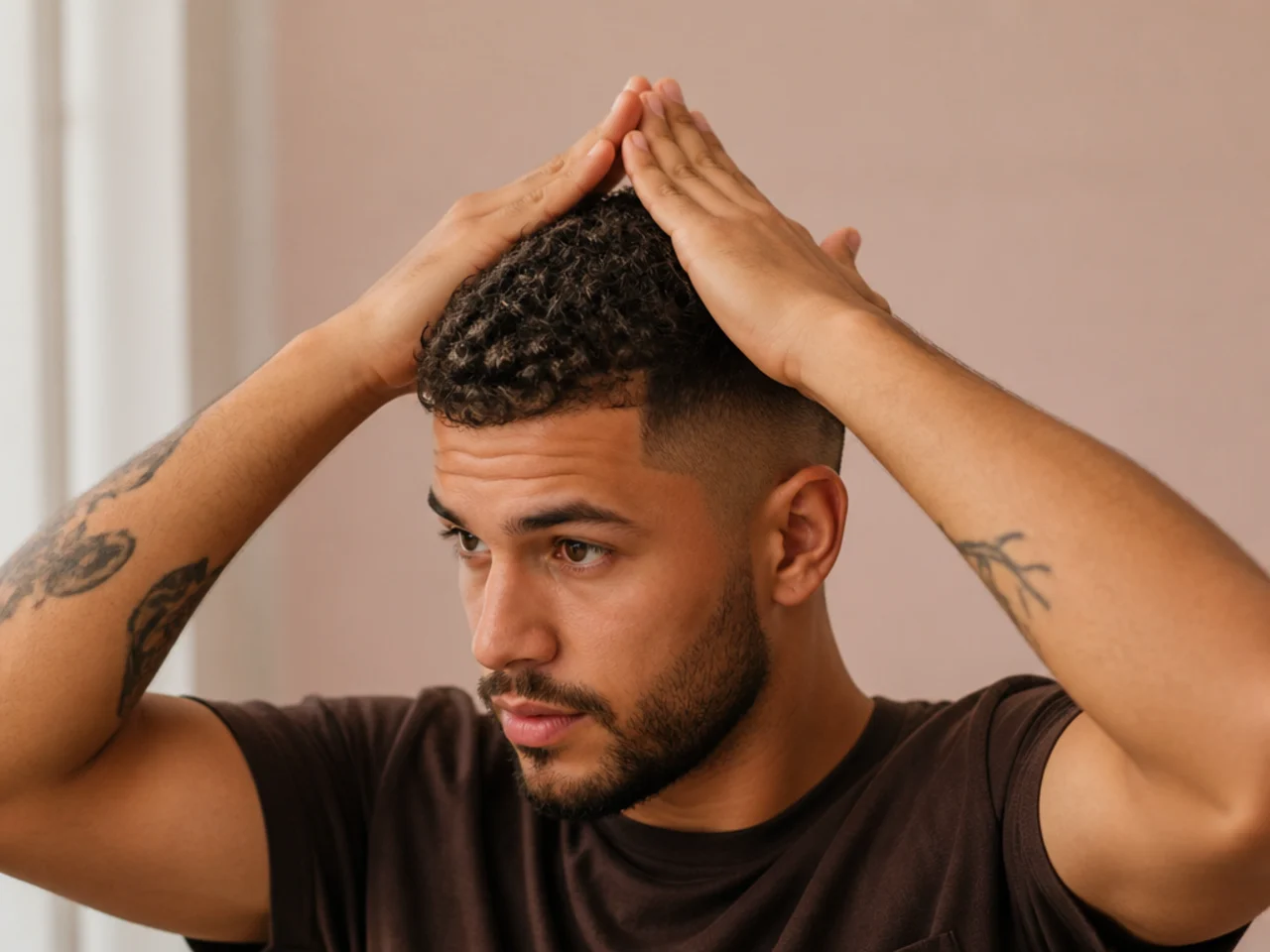 Flat palms smoothing product down curly hair