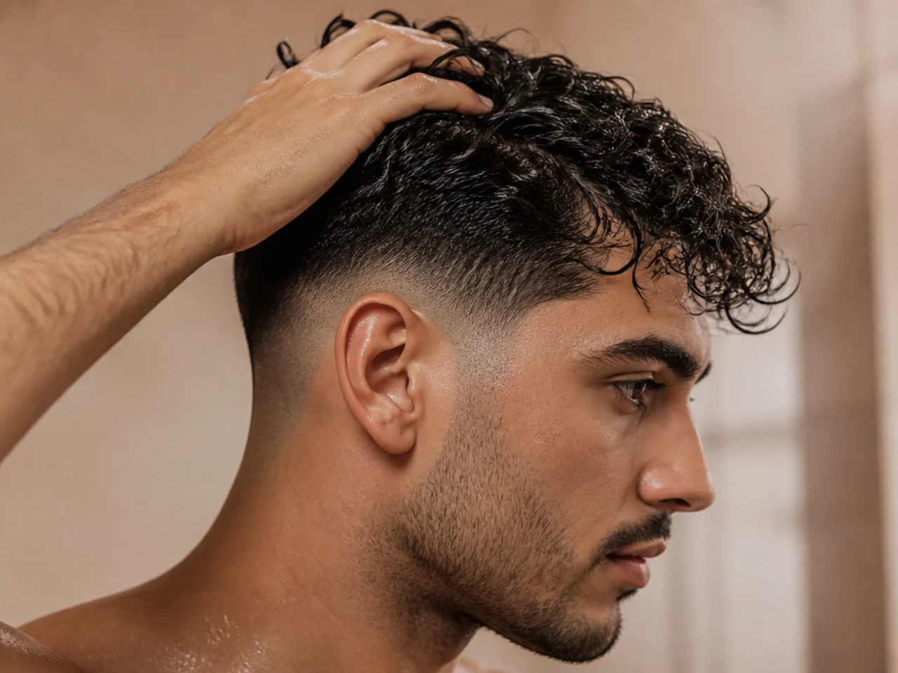 A man raking fingers through wet curls